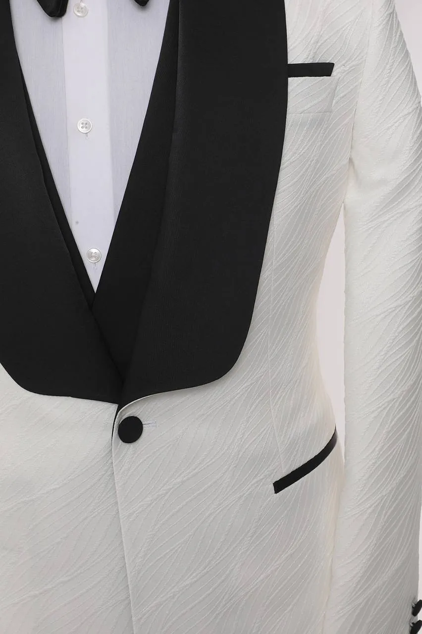 Three Piece Tuxedo Suit with contrasting black satin lapel, matching bow tie and Black Pants.
