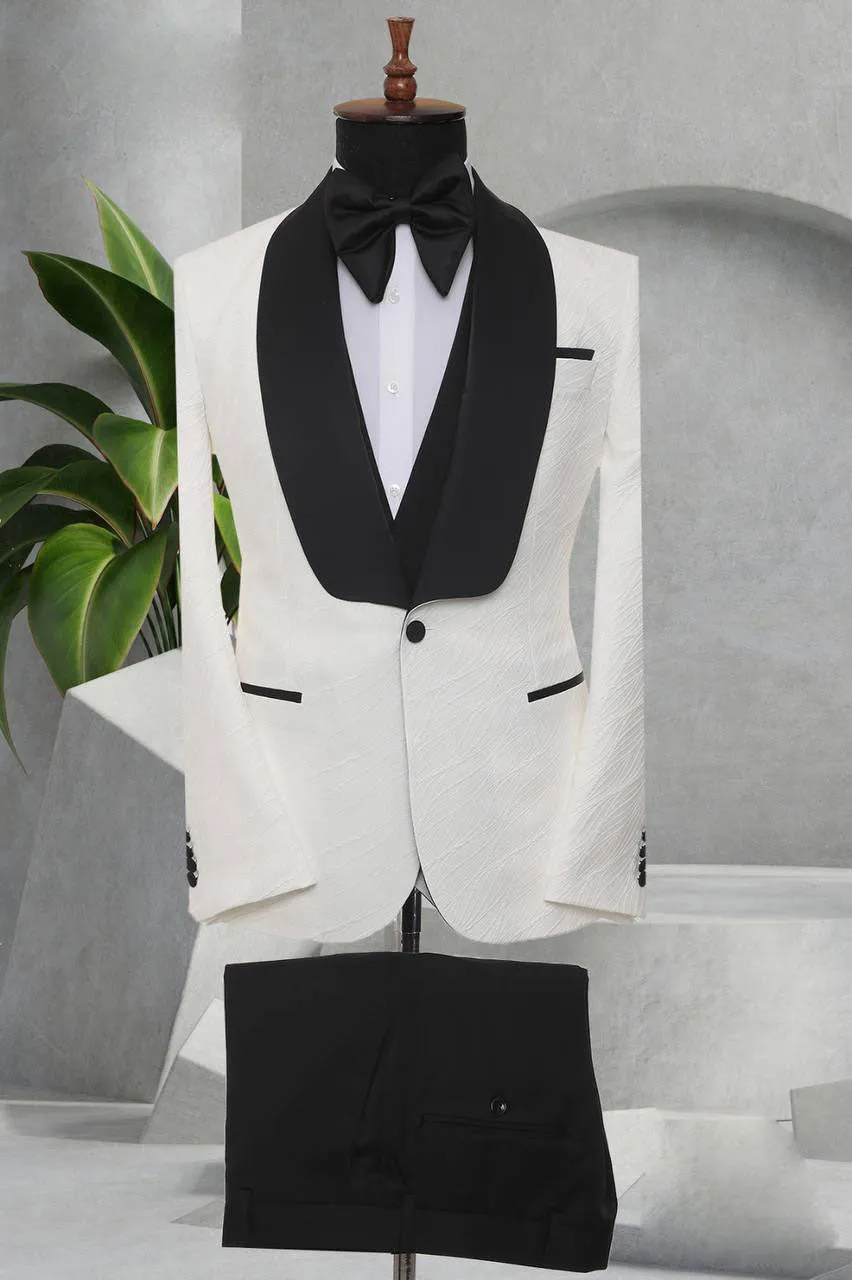 Three Piece Tuxedo Suit with contrasting black satin lapel, matching bow tie and Black Pants.