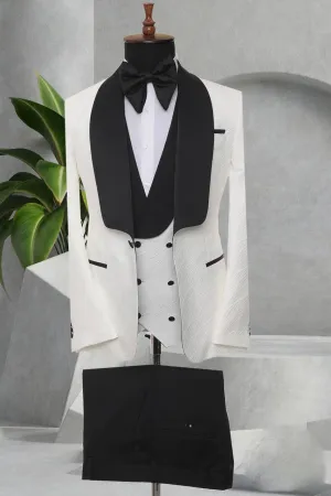 Three Piece Tuxedo Suit with contrasting black satin lapel, matching bow tie and Black Pants.