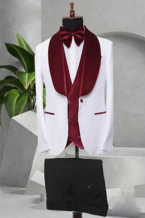 Three Piece Tuxedo Suit with contrasting burgundy/red velvet Lapel, matching bow tie and Black Pants