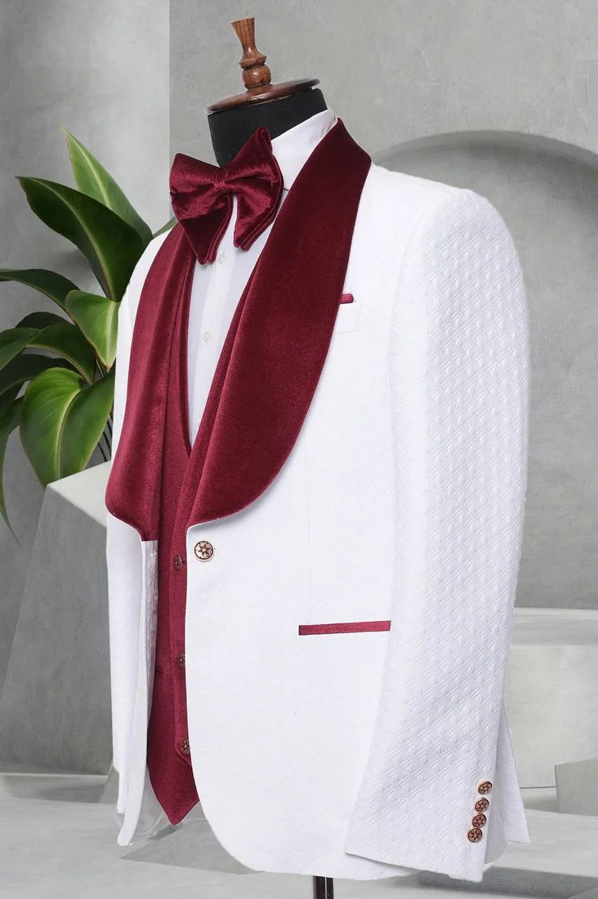 Three Piece Tuxedo Suit with contrasting burgundy/red velvet Lapel, matching bow tie and Black Pants