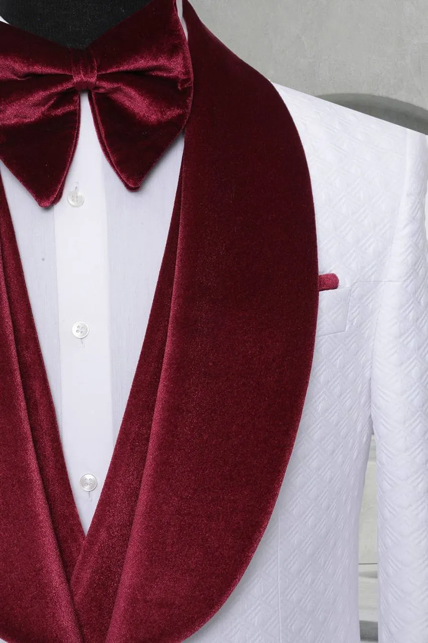 Three Piece Tuxedo Suit with contrasting burgundy/red velvet Lapel, matching bow tie and Black Pants