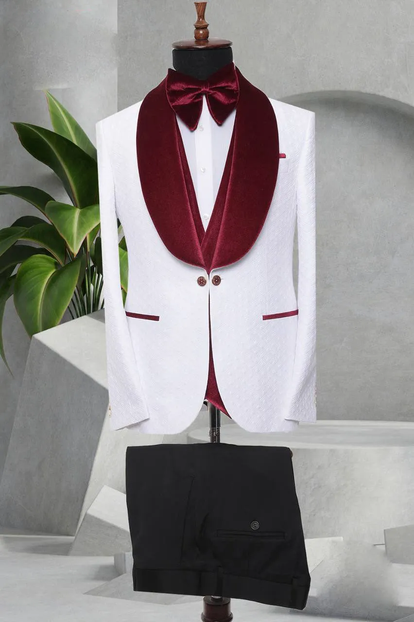 Three Piece Tuxedo Suit with contrasting burgundy/red velvet Lapel, matching bow tie and Black Pants