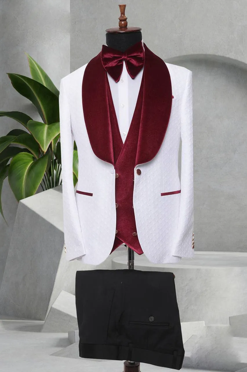 Three Piece Tuxedo Suit with contrasting burgundy/red velvet Lapel, matching bow tie and Black Pants