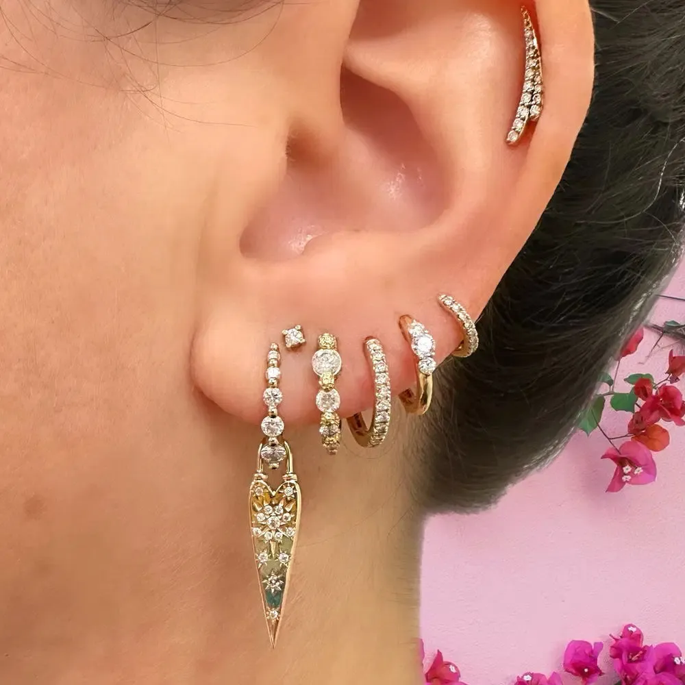 Three Stories Diamond Prong Small Engraved Hoop