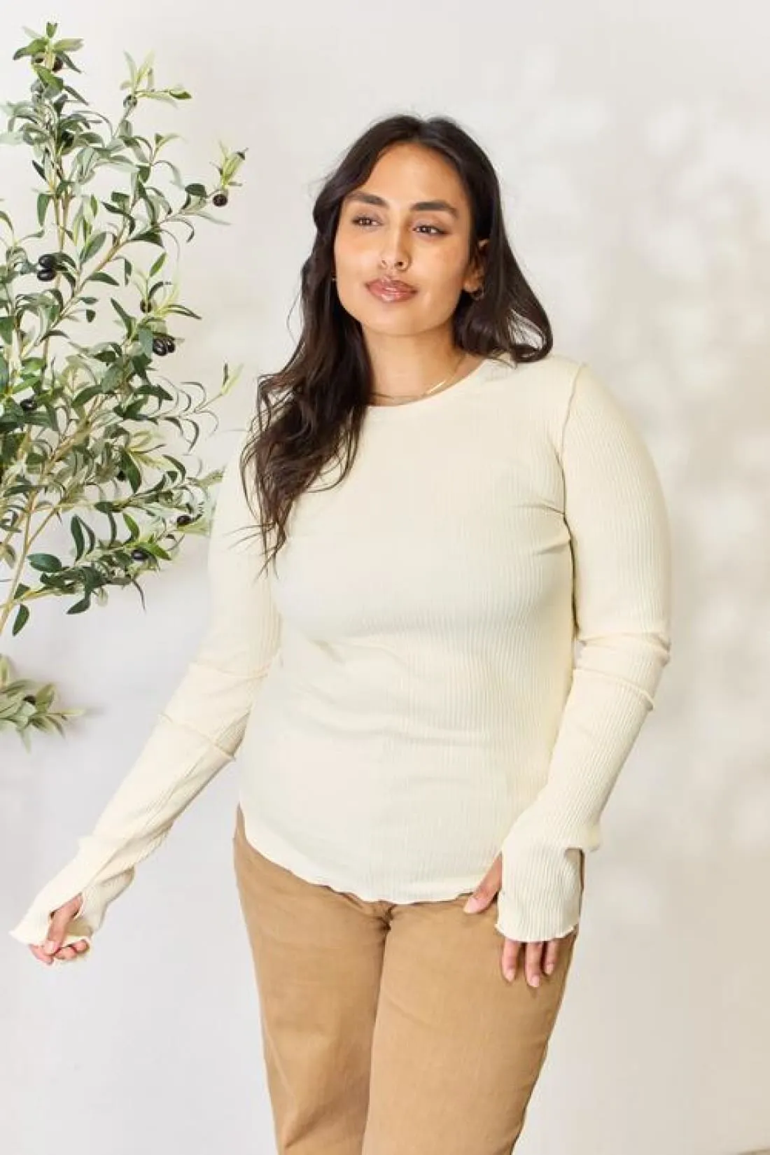 Thumbhole Ribbed Round Neck Long Sleeve Top