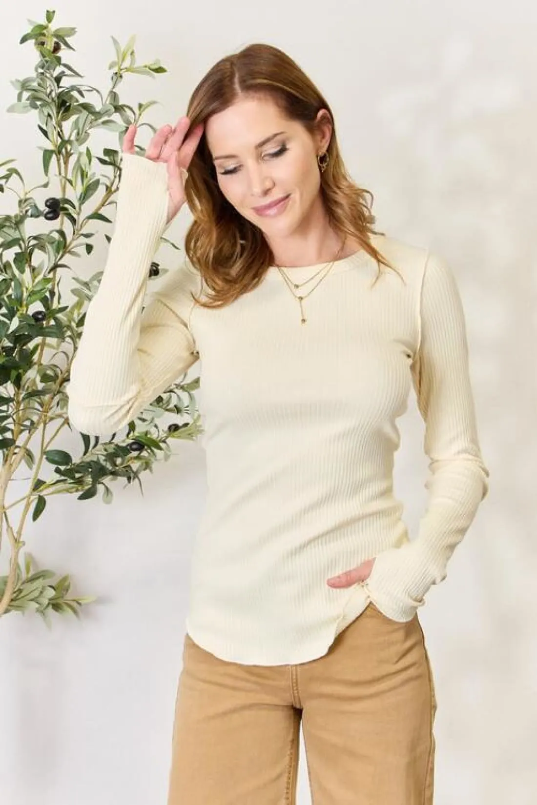 Thumbhole Ribbed Round Neck Long Sleeve Top