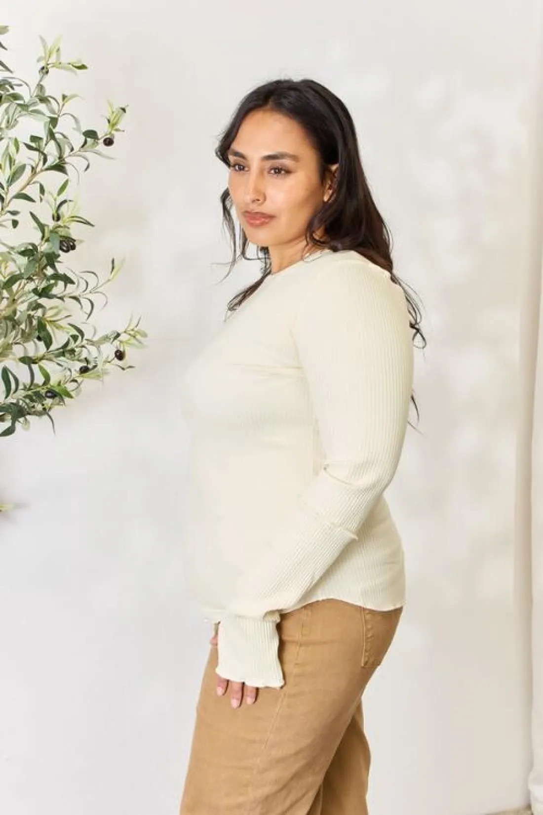 Thumbhole Ribbed Round Neck Long Sleeve Top