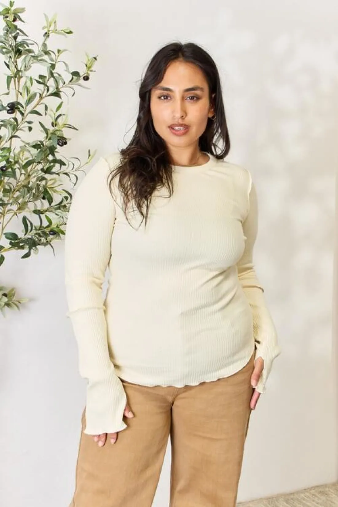 Thumbhole Ribbed Round Neck Long Sleeve Top