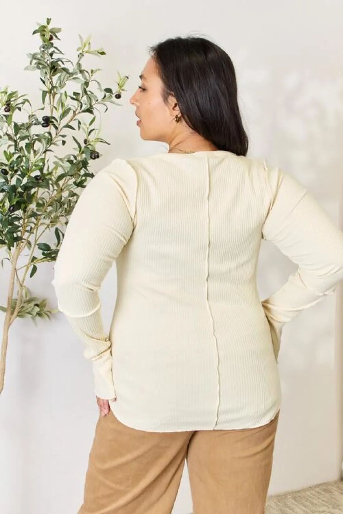 Thumbhole Ribbed Round Neck Long Sleeve Top