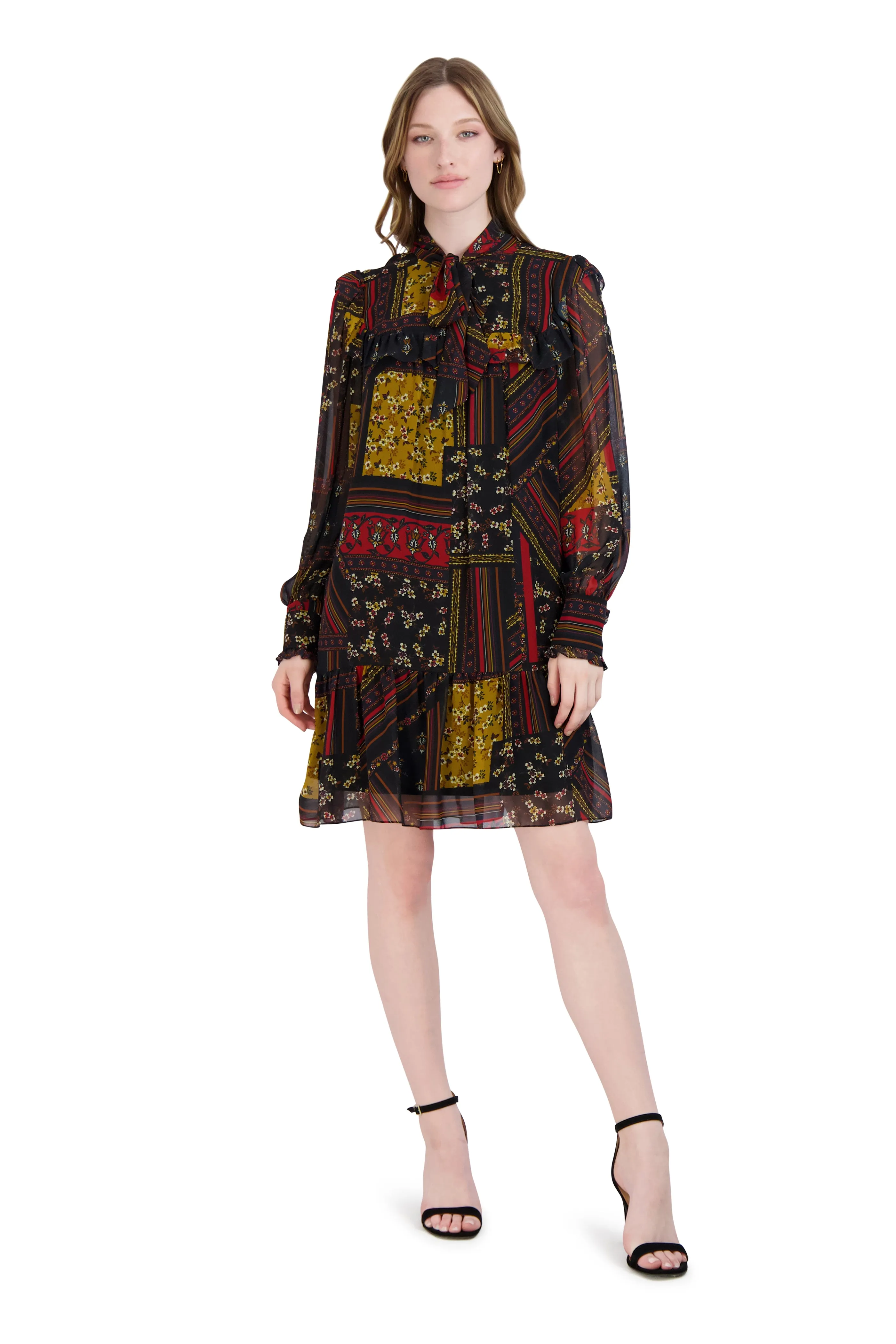 Tie Neck Short Dress with Long Sleeves