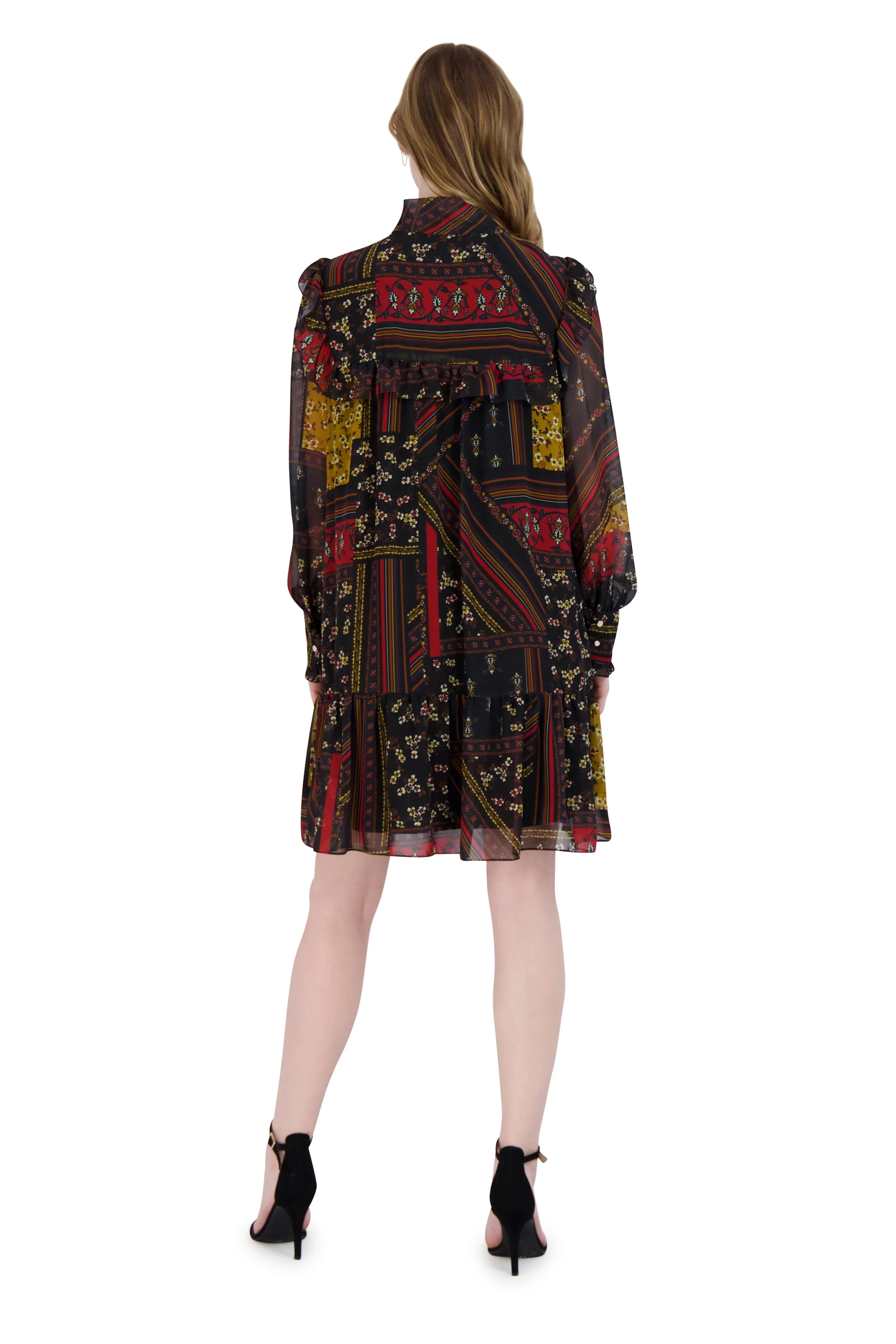 Tie Neck Short Dress with Long Sleeves
