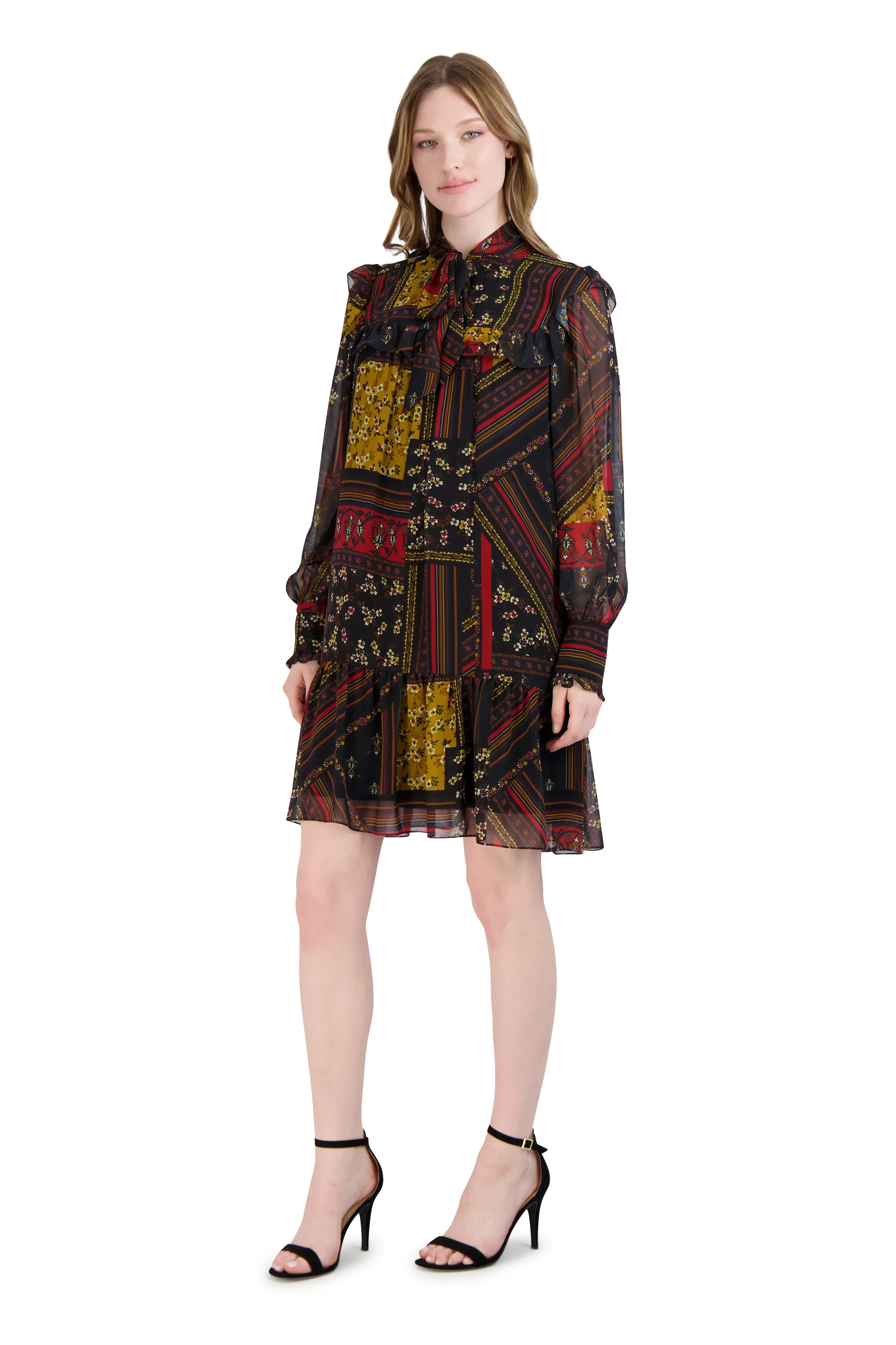 Tie Neck Short Dress with Long Sleeves