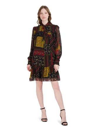 Tie Neck Short Dress with Long Sleeves