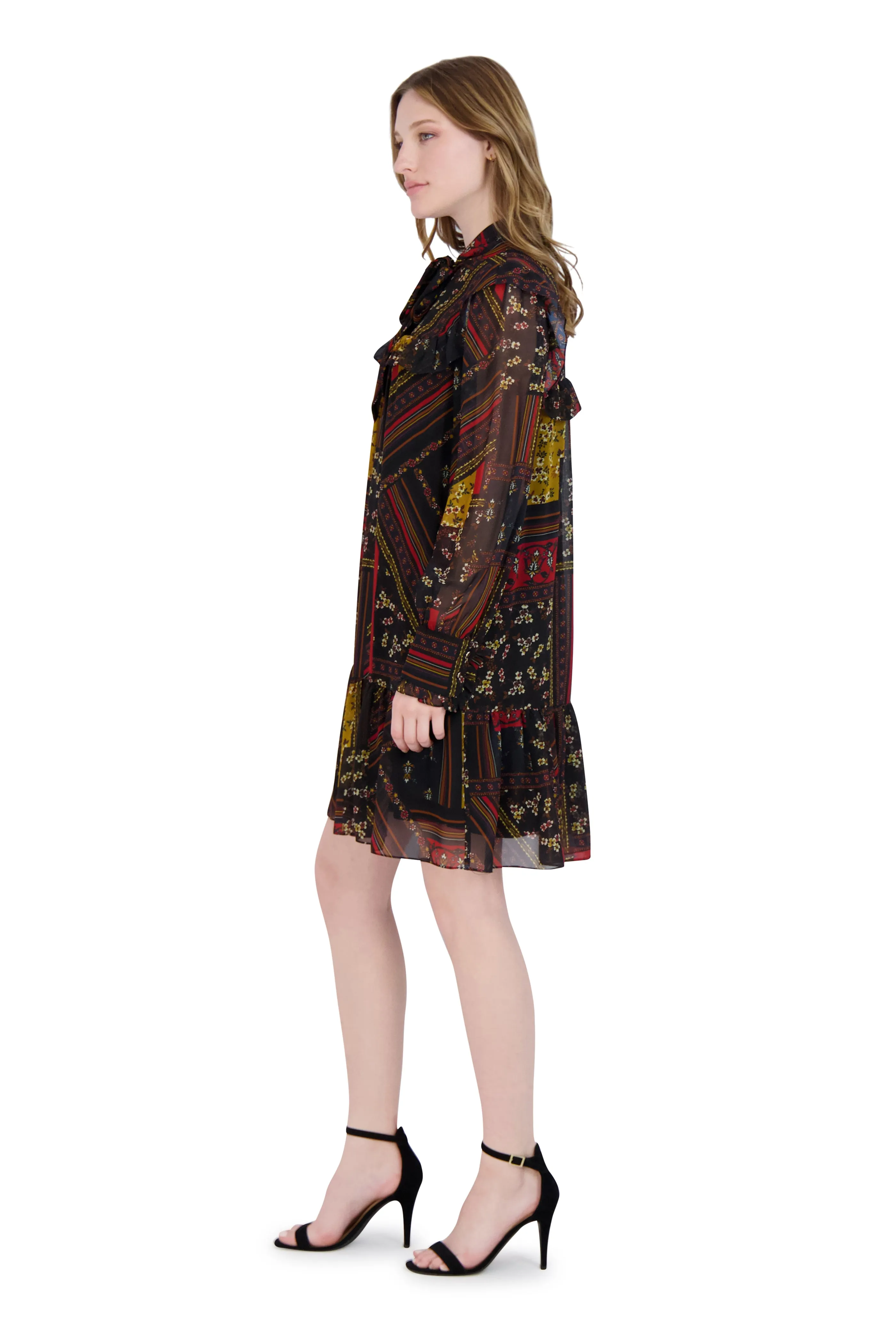 Tie Neck Short Dress with Long Sleeves