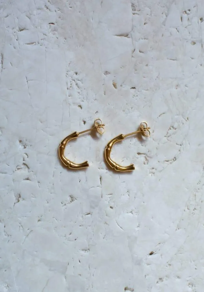 Tiny Gold Bamboo Half Hoop Earrings