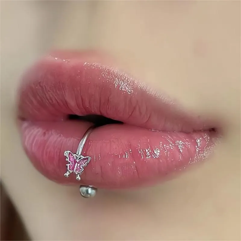 Titanium Steel Colorful Enamel Butterfly Piercing Lip Ring