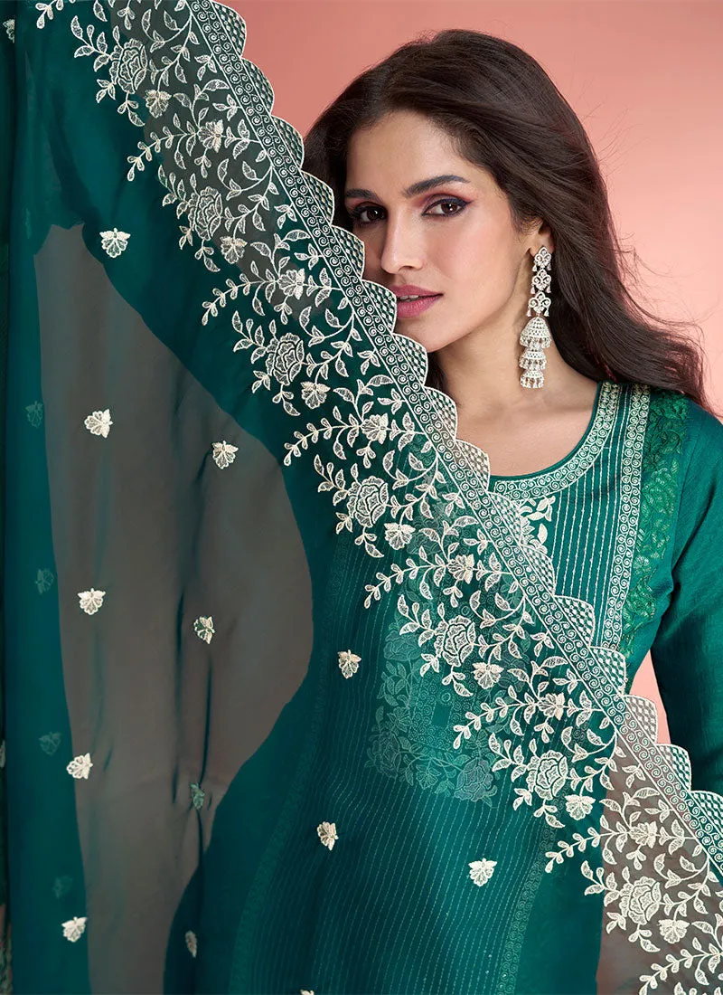 Turquoise Embroidery Silk Palazzo Suit