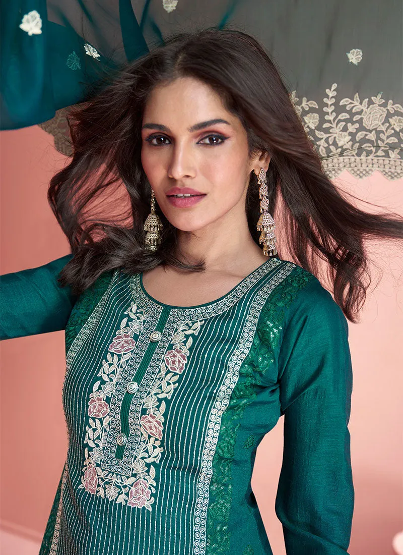 Turquoise Embroidery Silk Palazzo Suit