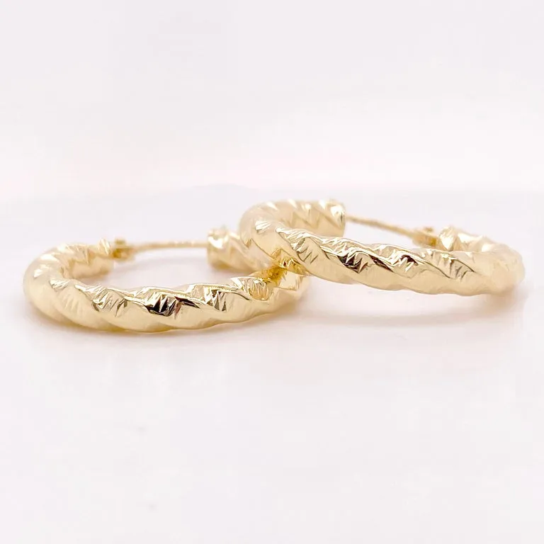 Twisted Gold Hoop Earrings, 14K Yellow Gold Hoops Wide Earrings