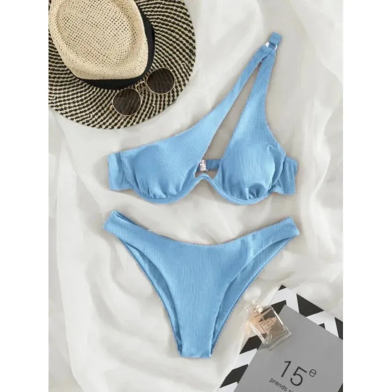 Two-Piece Bikini Set One Shoulder Cut Bra & High Cut Undies Suits
