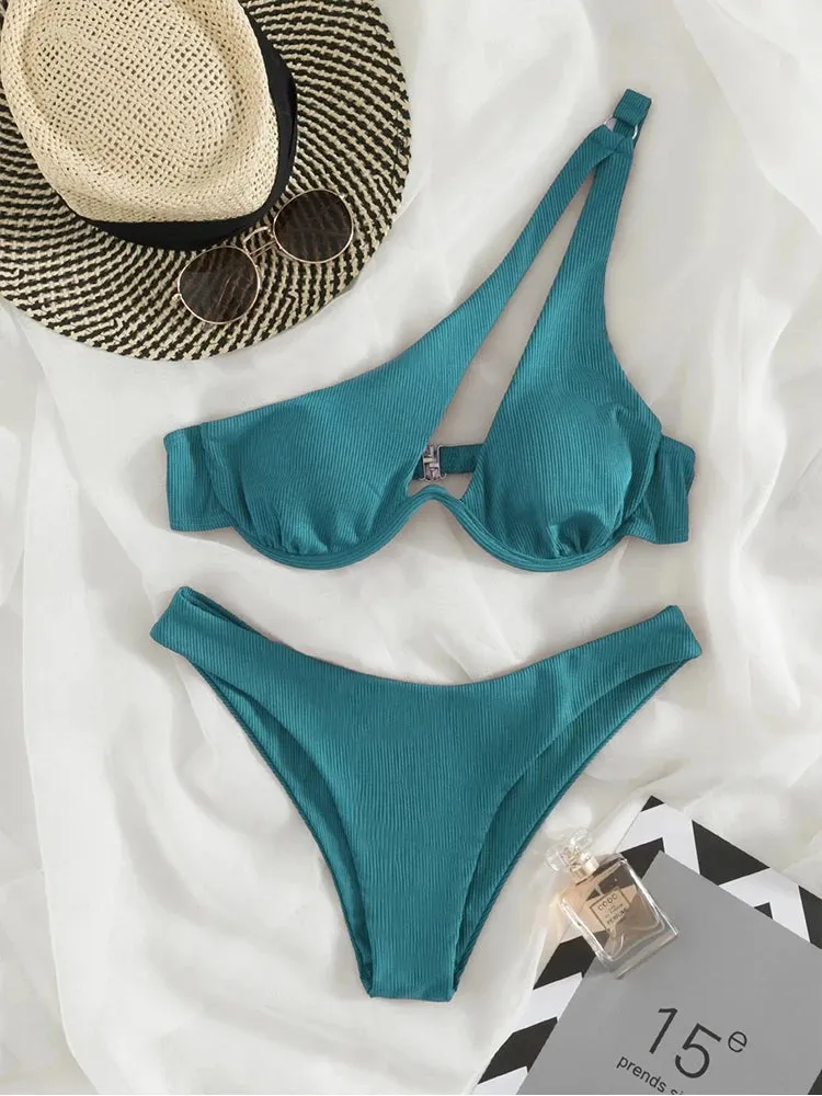 Two-Piece Bikini Set One Shoulder Cut Bra & High Cut Undies Suits