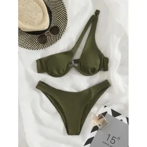 Two-Piece Bikini Set One Shoulder Cut Bra & High Cut Undies Suits