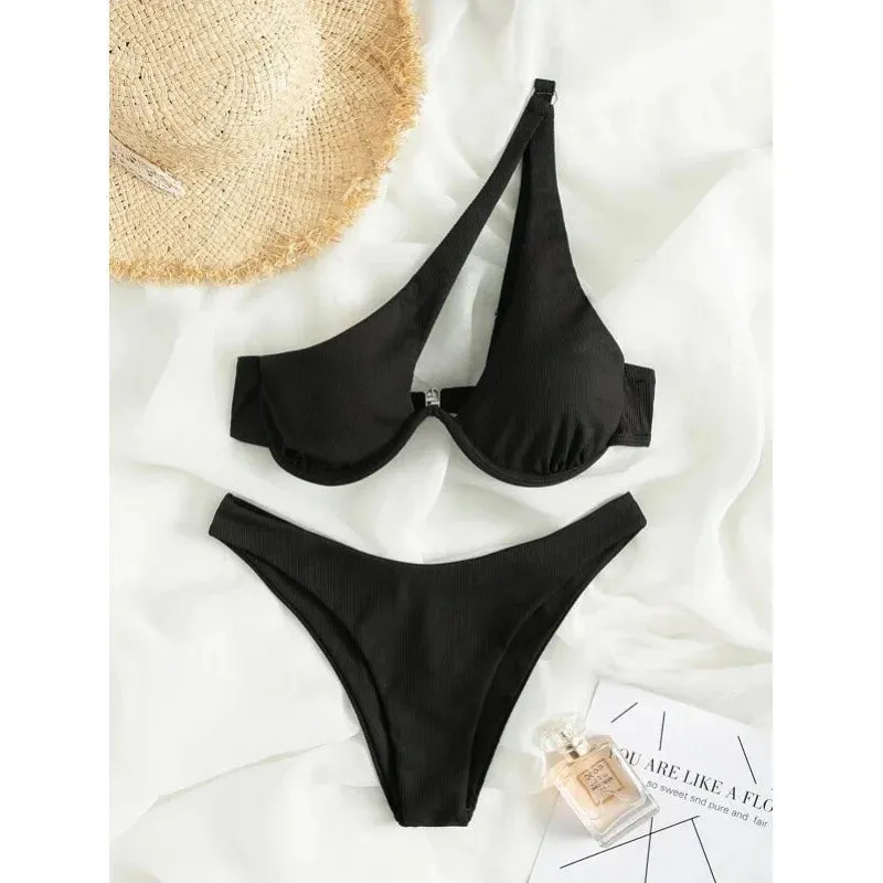 Two-Piece Bikini Set One Shoulder Cut Bra & High Cut Undies Suits