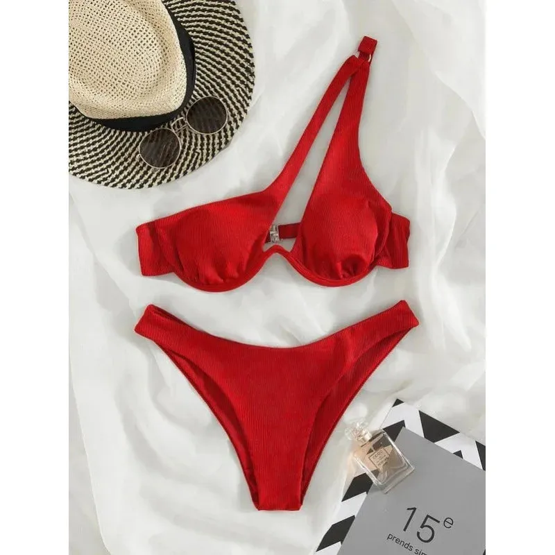 Two-Piece Bikini Set One Shoulder Cut Bra & High Cut Undies Suits
