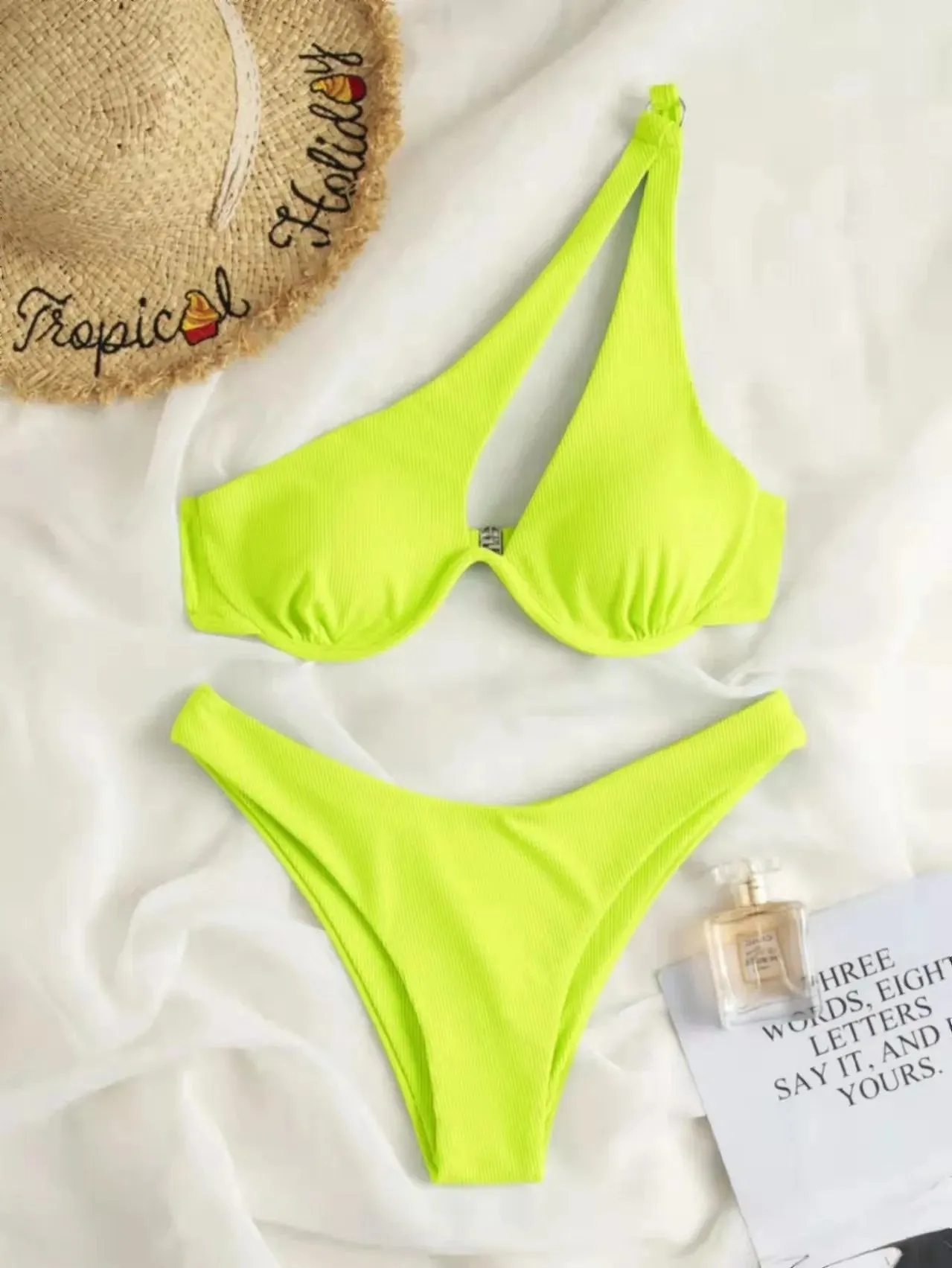 Two-Piece Bikini Set One Shoulder Cut Bra & High Cut Undies Suits
