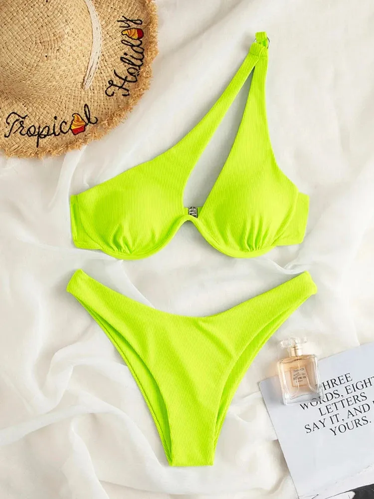 Two-Piece Bikini Set One Shoulder Cut Bra & High Cut Undies Suits