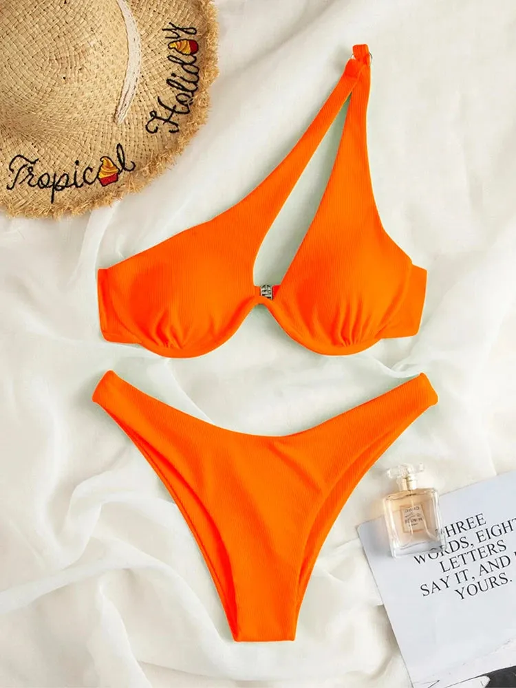 Two-Piece Bikini Set One Shoulder Cut Bra & High Cut Undies Suits