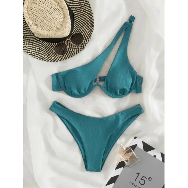 Two-Piece Bikini Set One Shoulder Cut Bra & High Cut Undies Suits