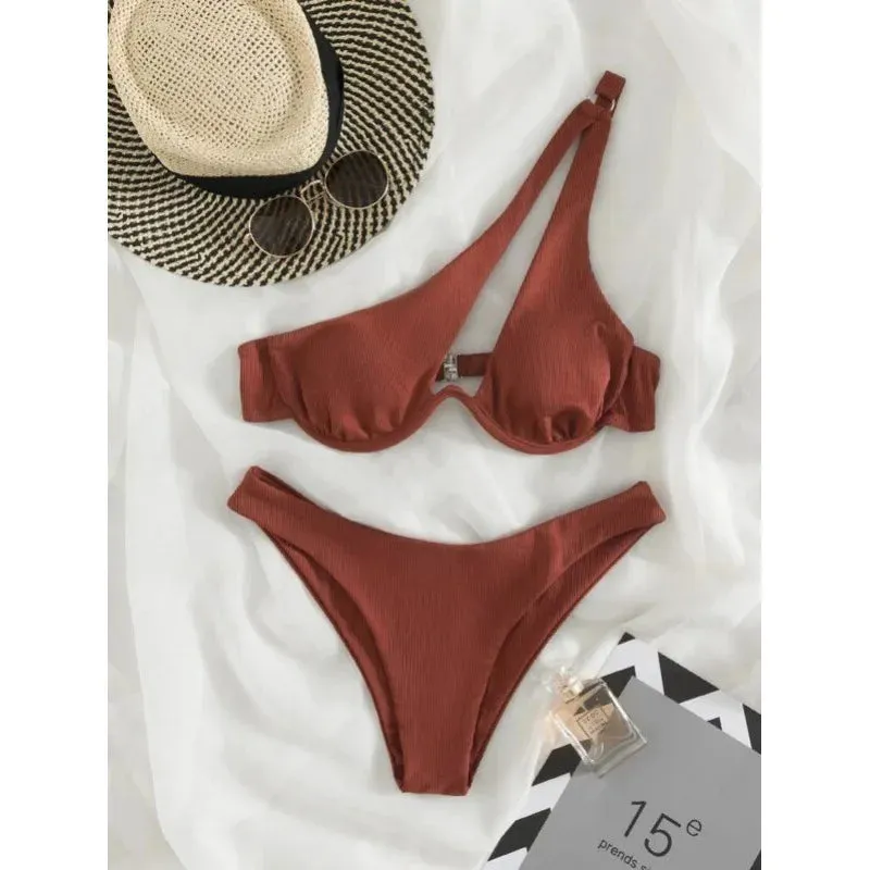 Two-Piece Bikini Set One Shoulder Cut Bra & High Cut Undies Suits