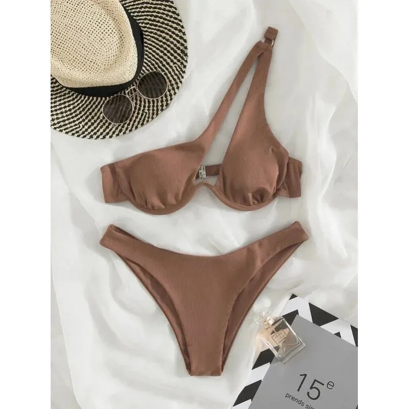 Two-Piece Bikini Set One Shoulder Cut Bra & High Cut Undies Suits