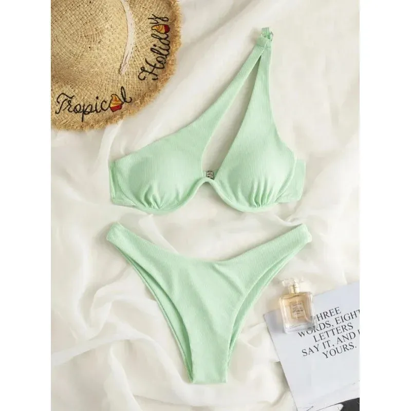 Two-Piece Bikini Set One Shoulder Cut Bra & High Cut Undies Suits