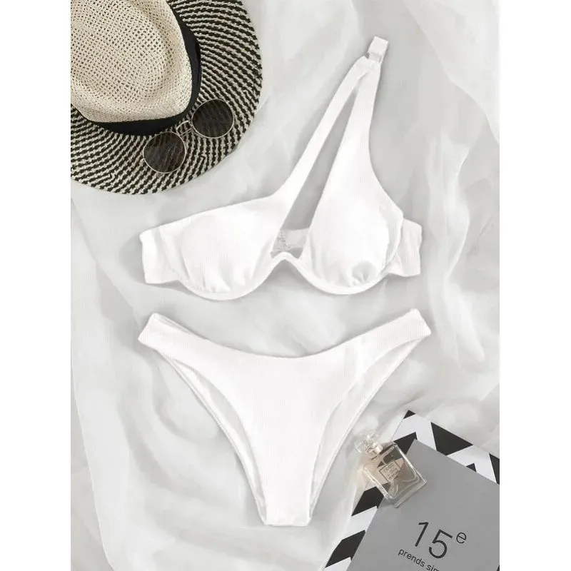 Two-Piece Bikini Set One Shoulder Cut Bra & High Cut Undies Suits