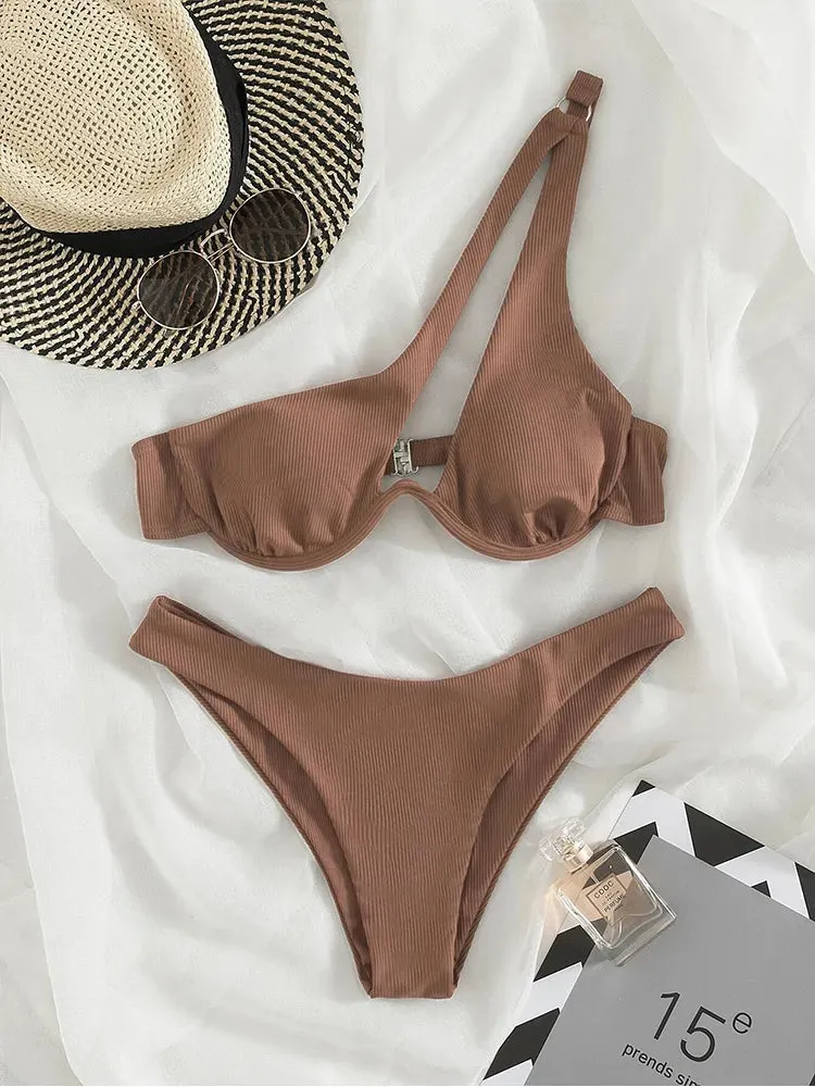 Two-Piece Bikini Set One Shoulder Cut Bra & High Cut Undies Suits