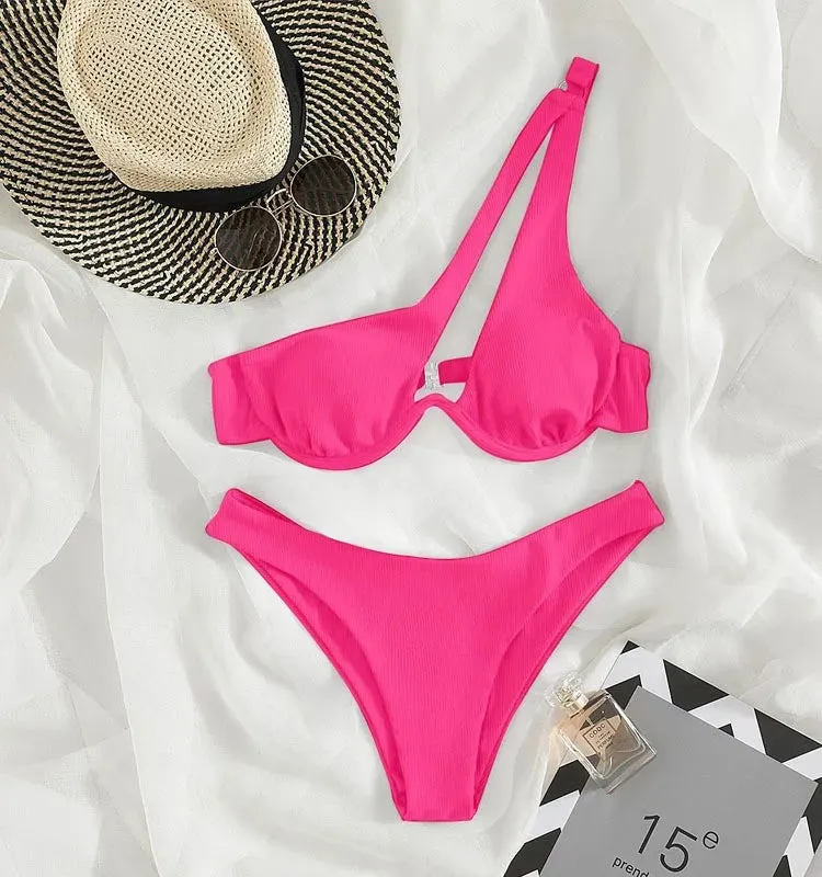 Two-Piece Bikini Set One Shoulder Cut Bra & High Cut Undies Suits