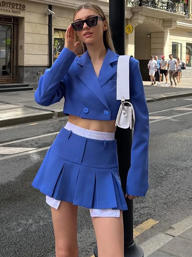 Two Piece Sets Turn-down Collar Blazers Tops And Pleated Skirts Fall Outfits