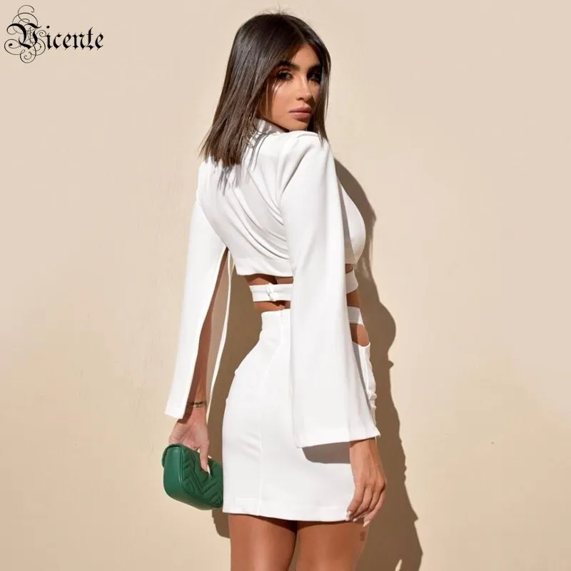 Two-piece Suit Cut Out At The Waist Cut Out Long Sleeves Lapel White Top