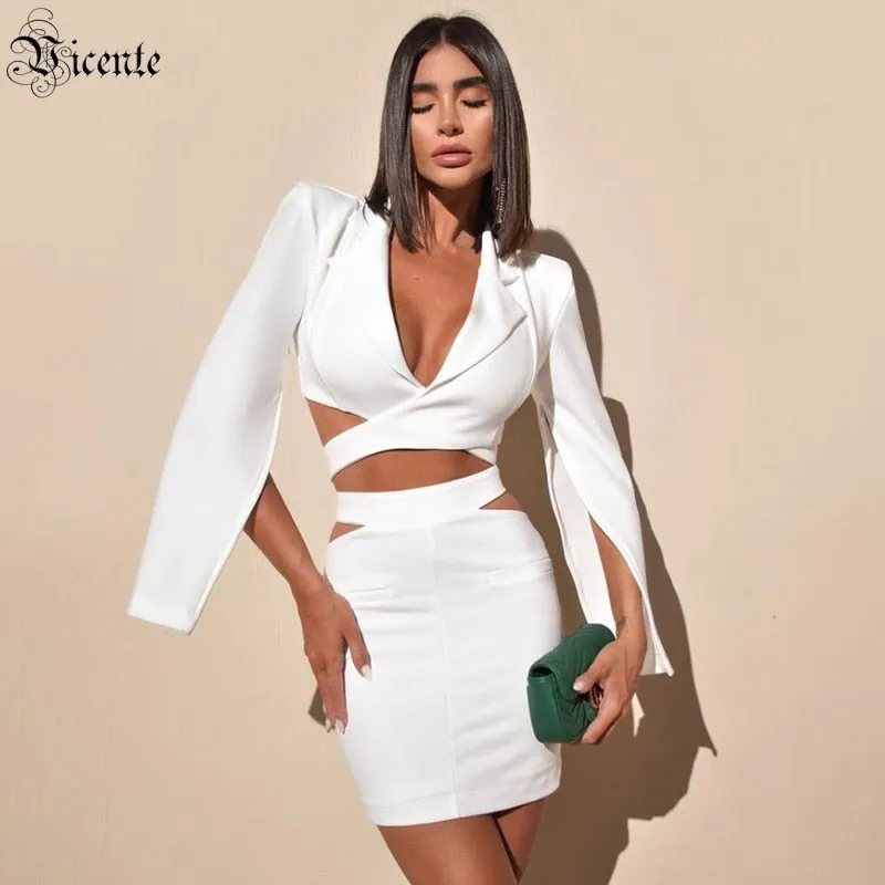 Two-piece Suit Cut Out At The Waist Cut Out Long Sleeves Lapel White Top