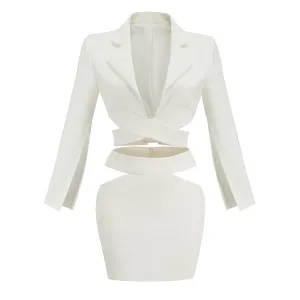 Two-piece Suit Cut Out At The Waist Cut Out Long Sleeves Lapel White Top