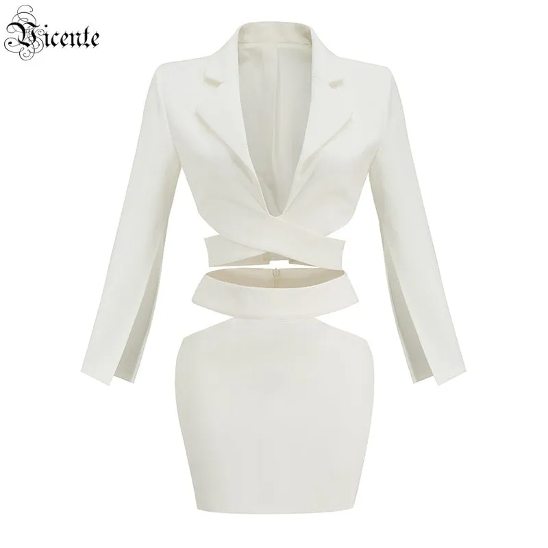 Two-piece Suit Cut Out At The Waist Cut Out Long Sleeves Lapel White Top