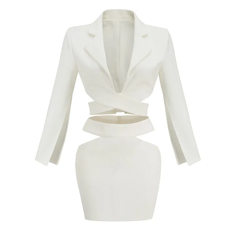 Two-piece Suit Cut Out At The Waist Cut Out Long Sleeves Lapel White Top