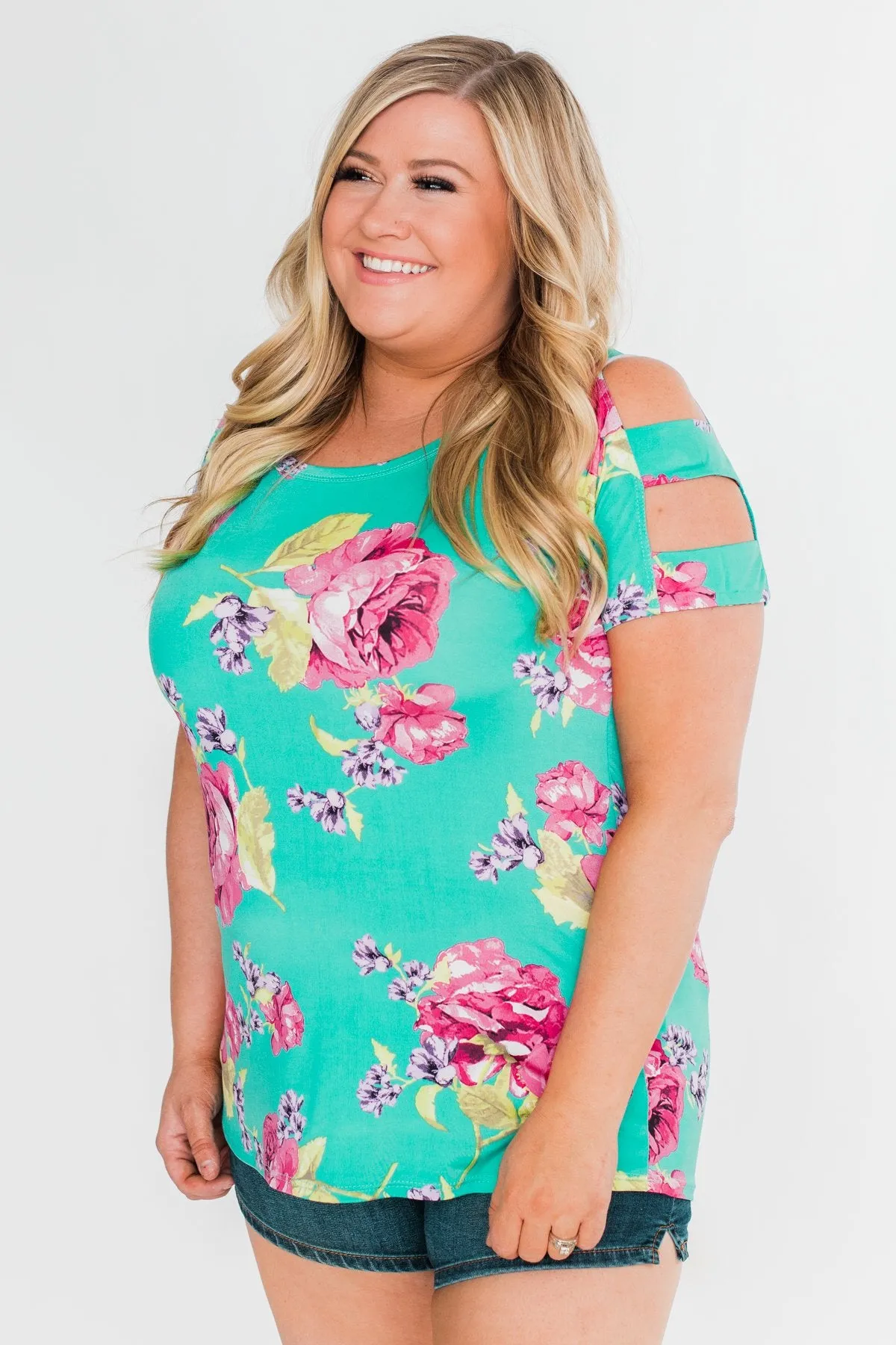 Under The Sun Cold Shoulder Floral Top- Light Teal