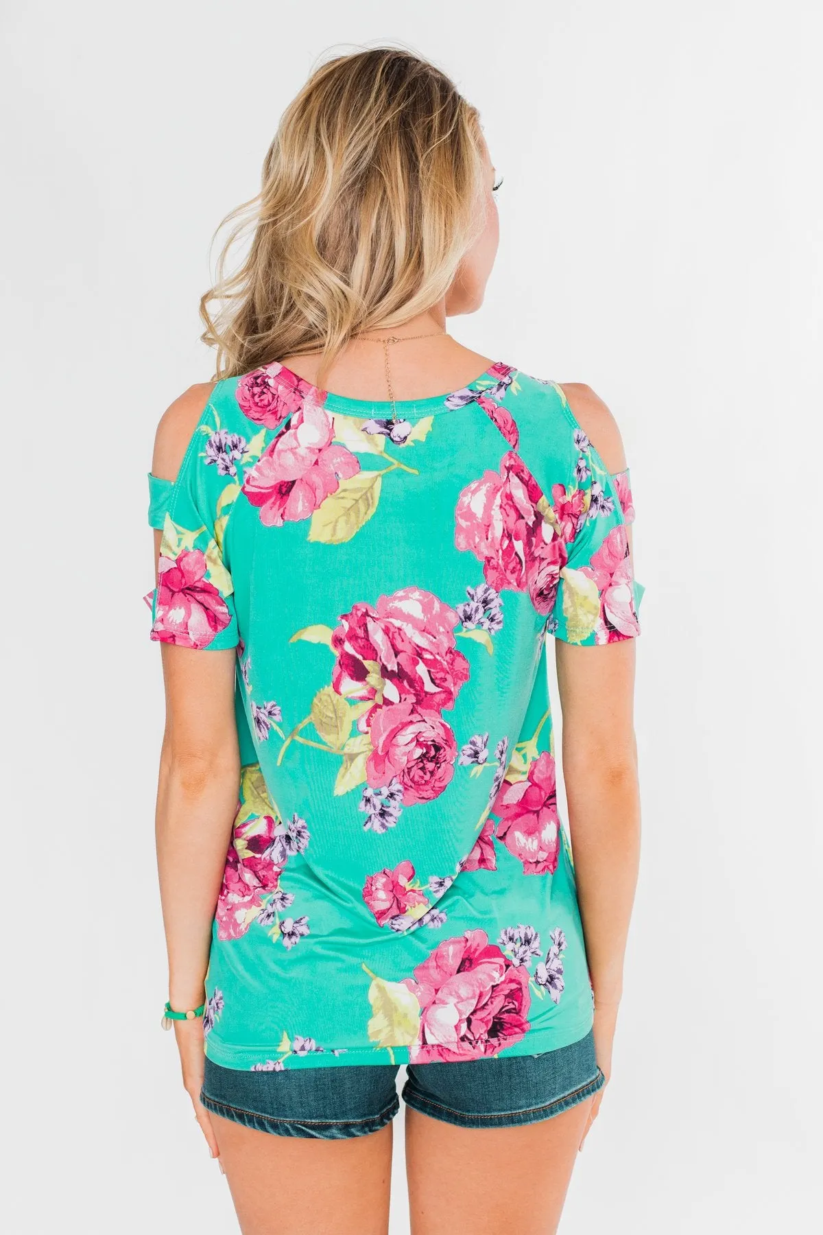 Under The Sun Cold Shoulder Floral Top- Light Teal