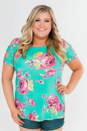 Under The Sun Cold Shoulder Floral Top- Light Teal
