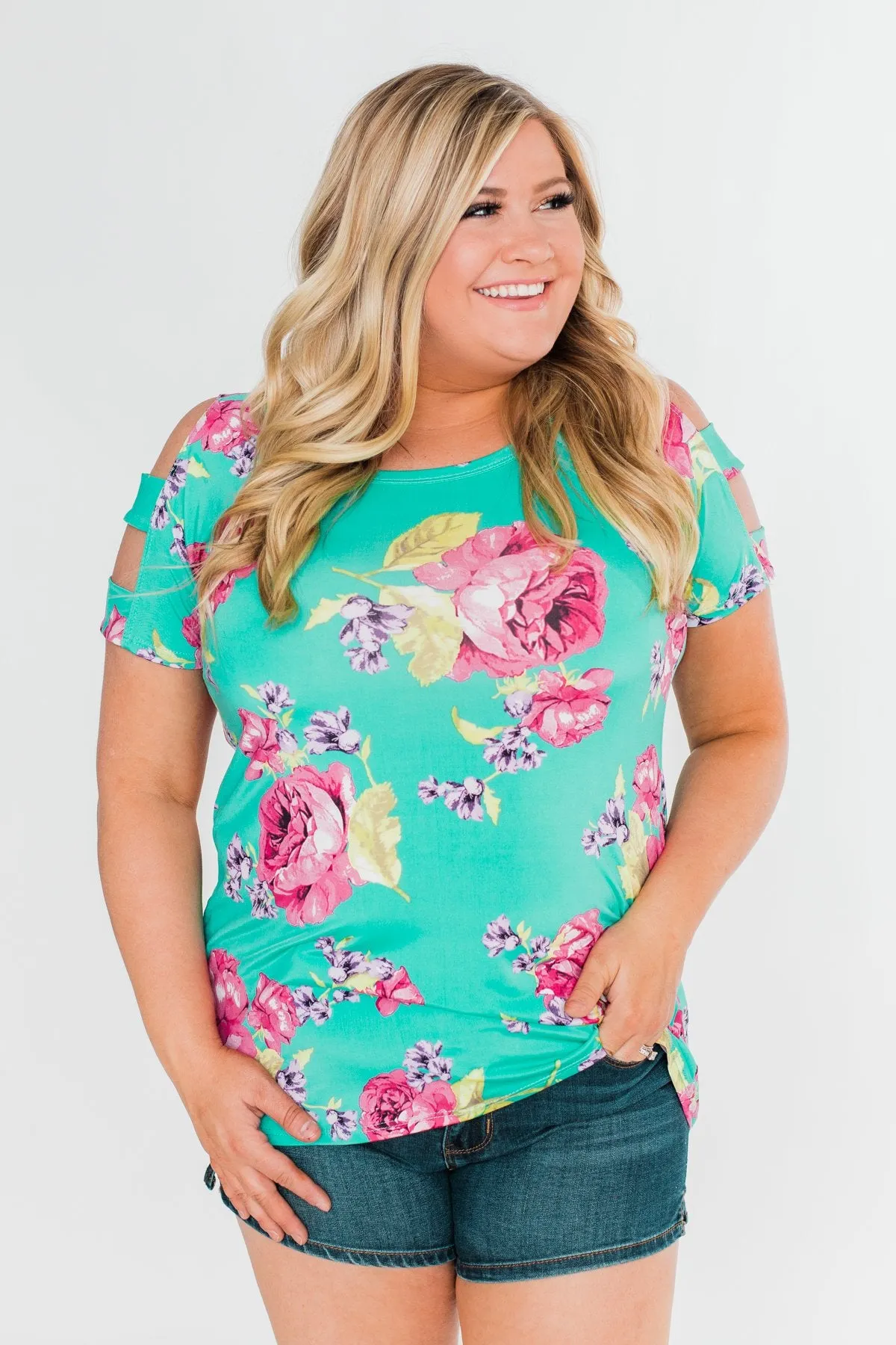 Under The Sun Cold Shoulder Floral Top- Light Teal