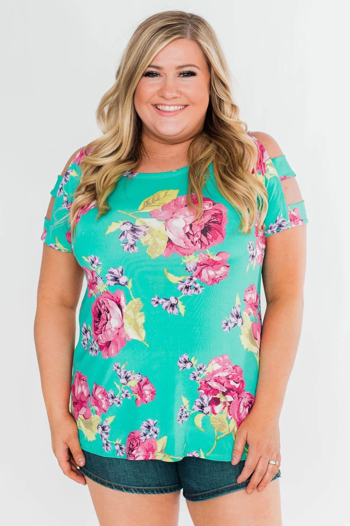 Under The Sun Cold Shoulder Floral Top- Light Teal